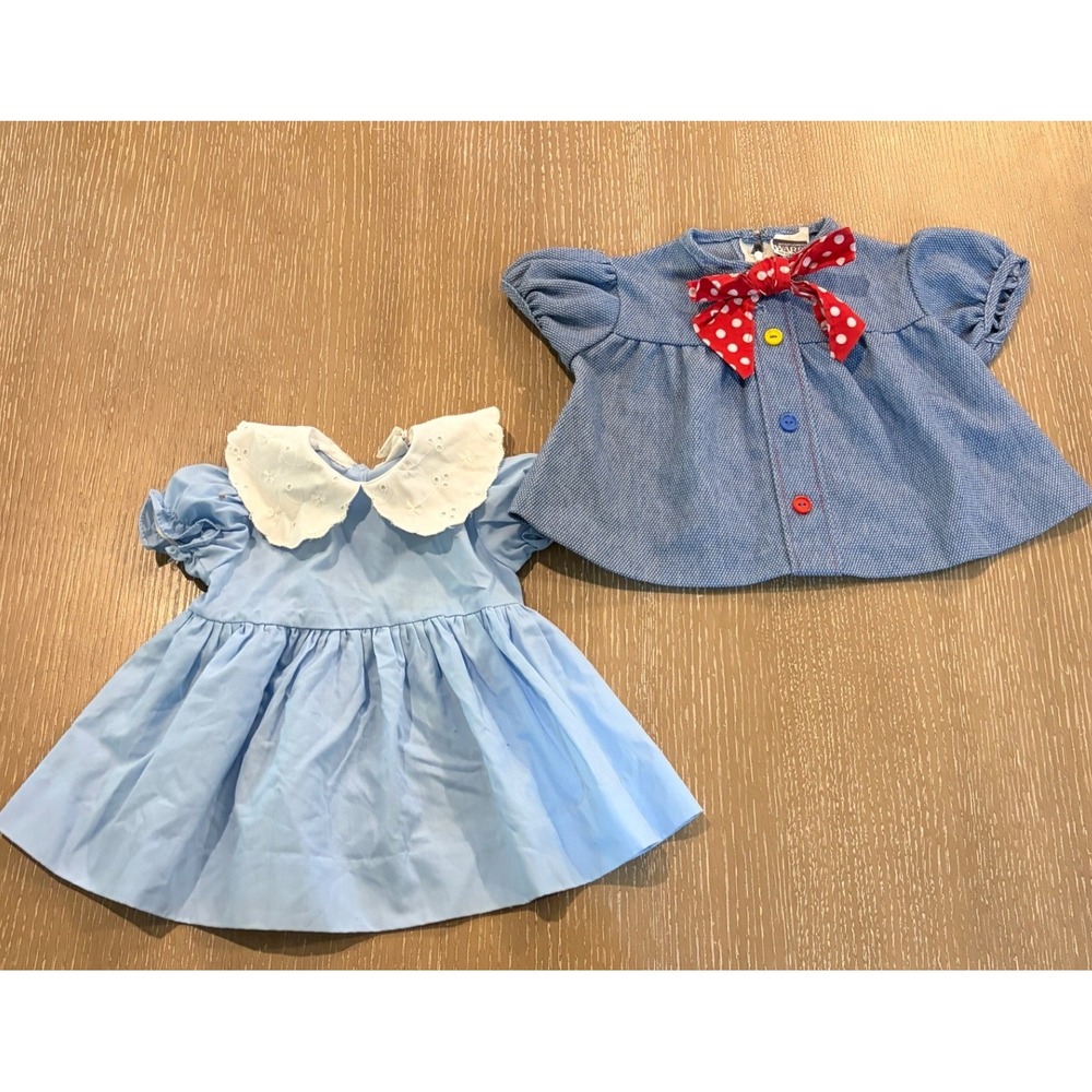Vintage Baby Girls Dress Lot 6-9M Mayfair Blue Eyelet Montgomery Ward Polka Dot